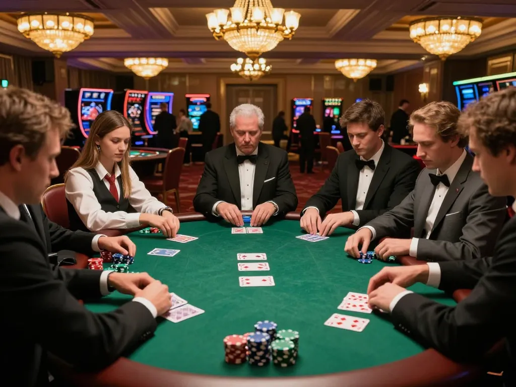 rik88 players engaging in a thrilling poker game at a luxurious casino table, showcasing strategy and excitement