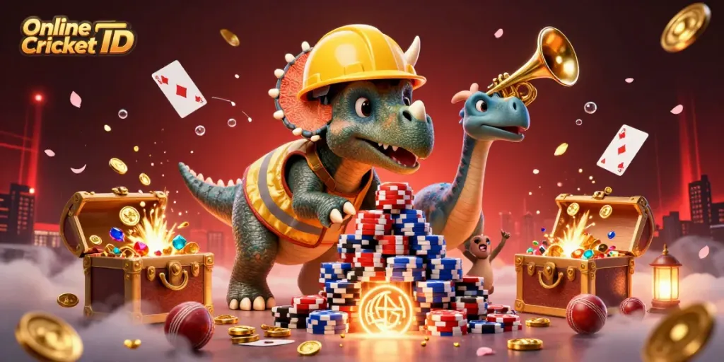 Experience the excitement of Online Cricket ID with dynamic visuals of a triceratops and parasaurolophus celebrating secure bets.