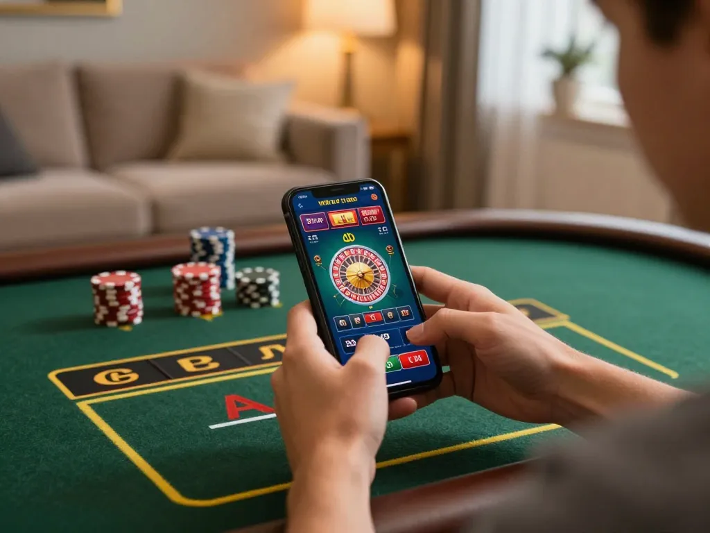 Player engaged with the aa88i mobile app for live dealer roulette, showcasing a modern gaming atmosphere.