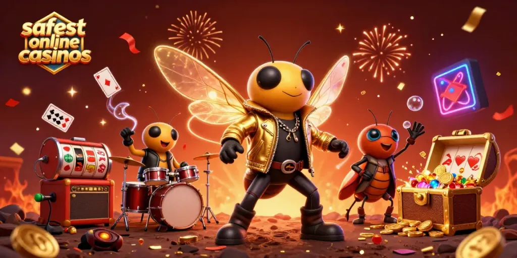 Engaging scene with a cicada rock star and friends celebrating safest online casinos, vibrant colors and gold coins.