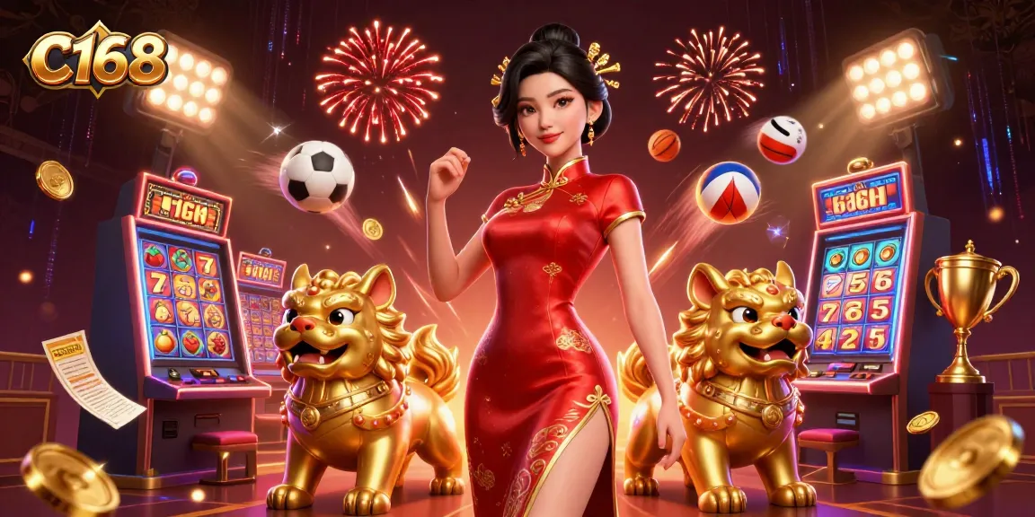 C168 offers thrilling casino experiences with vibrant 3D slots, sports betting visuals, and festive fireworks.
