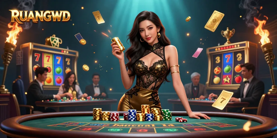 Engage with RUANGWD's thrilling baccarat experience featuring glamorous players and golden casino chips.