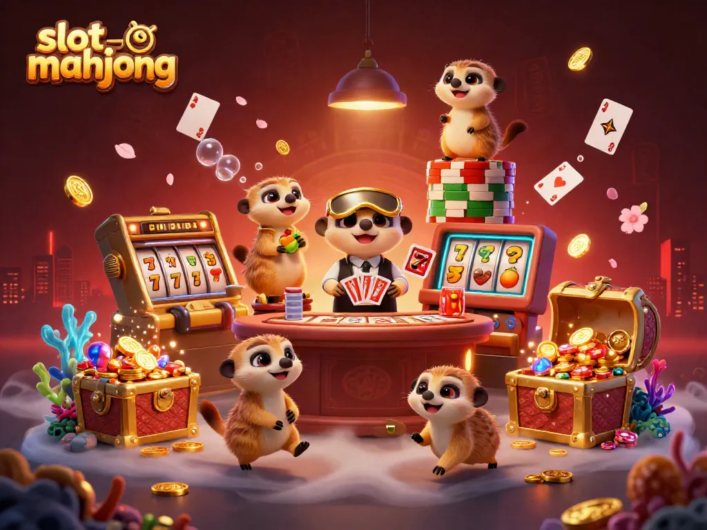 Experience exciting slot mahjong gameplay with a vibrant meerkat casino scene packed with action and character.