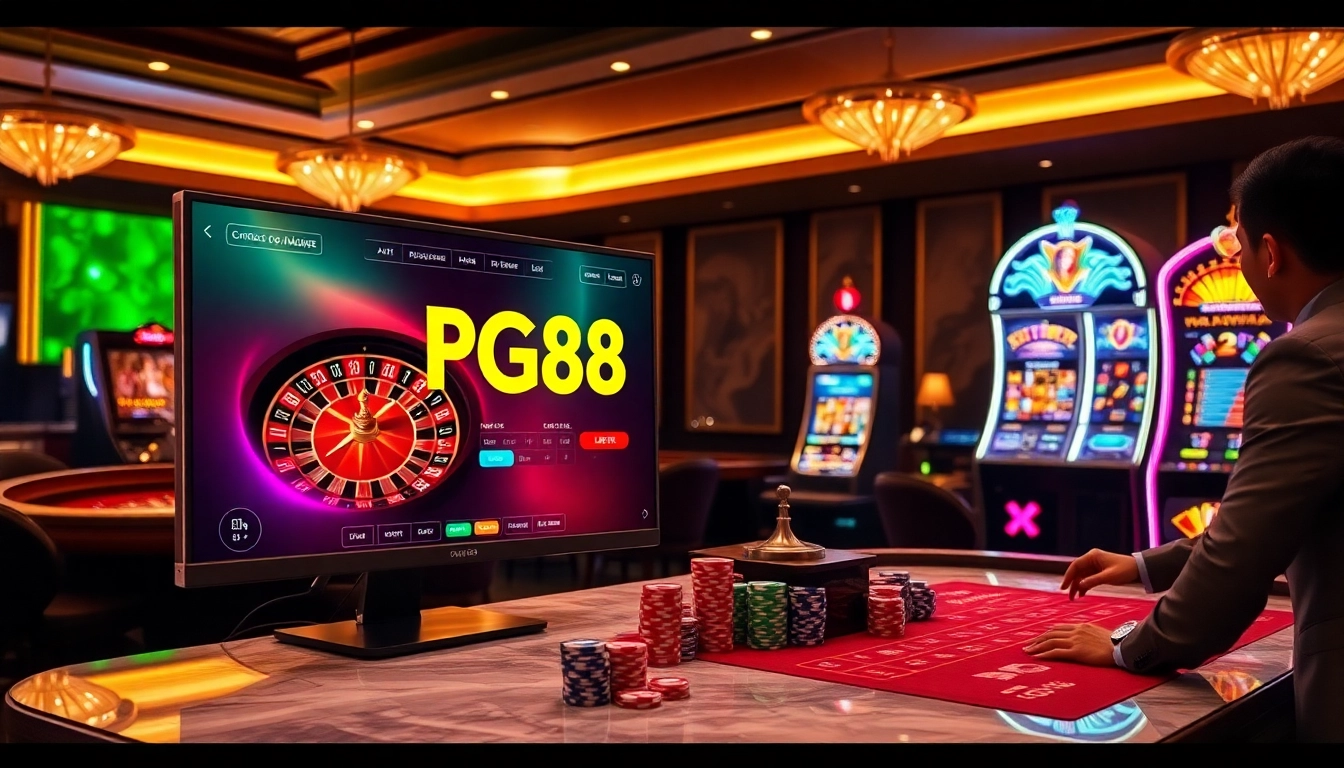 Players enjoy an exciting gaming experience at PG88 casino tables, showcasing luxurious casino elements.