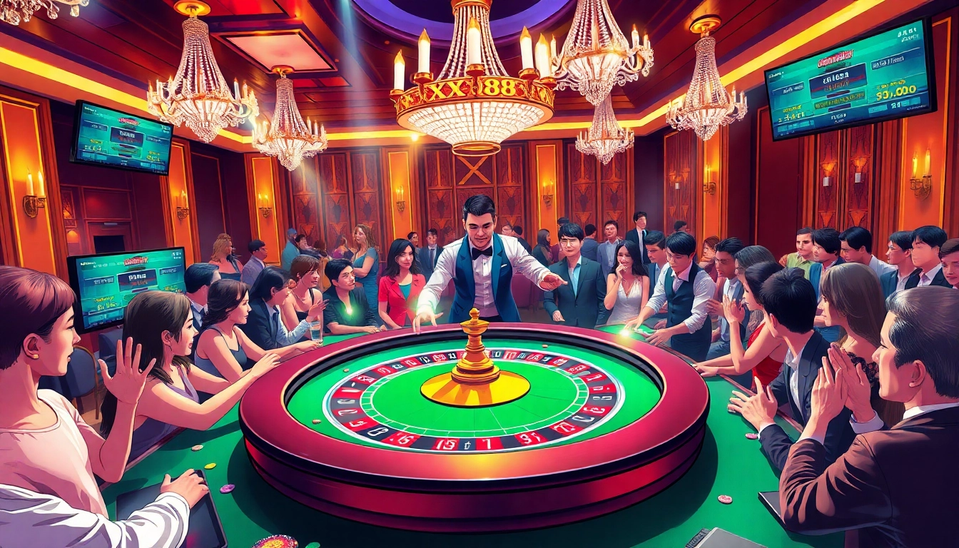 Players enjoying a thrilling roulette game at XX 88 casino with colorful chips and a charismatic dealer.
