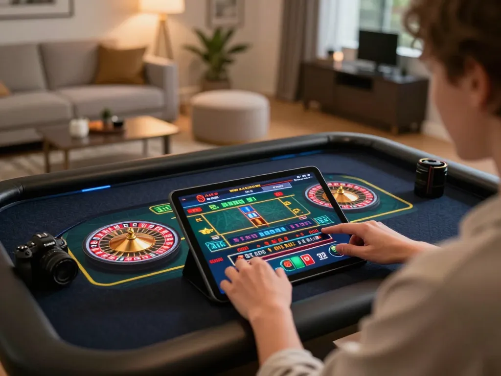 Engaged player enjoying king33 live casino games on tablet in a cozy home setting