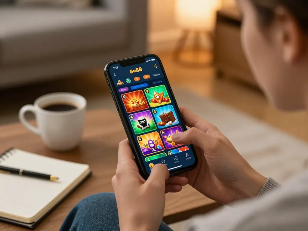 Go88 user placing bets on mobile app, experiencing vibrant online gaming environment.