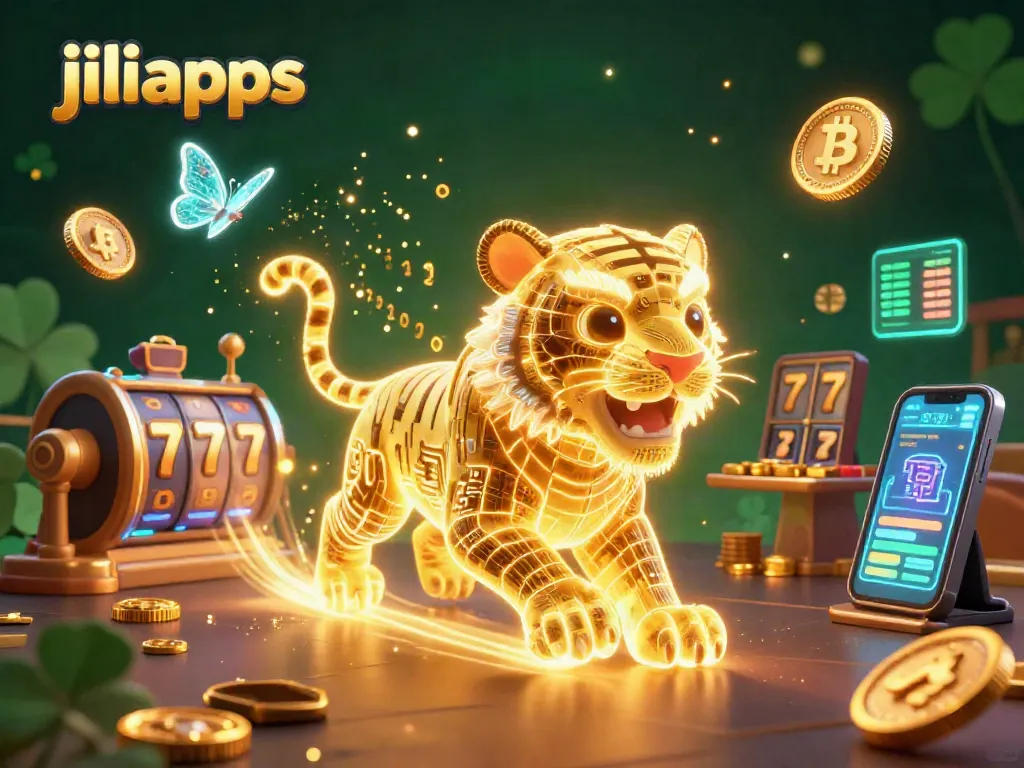 Engage with jiliapps in a thrilling digital casino scene featuring vibrant elements and a neon tiger.