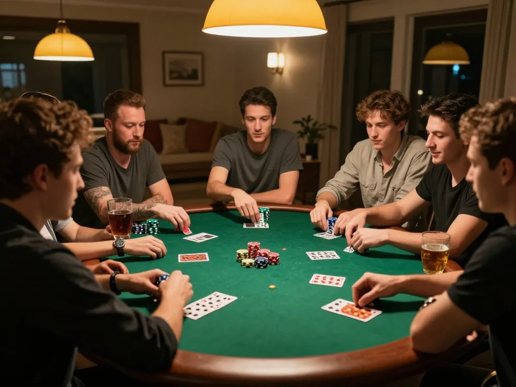 Enjoying a night of poker with friends at home, experiencing the excitement of a legit online casino.