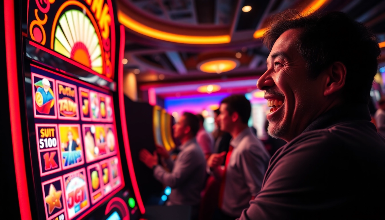 Menampilkan situs slot dengan pemain merayakan kemenangan di kasino yang cerah.