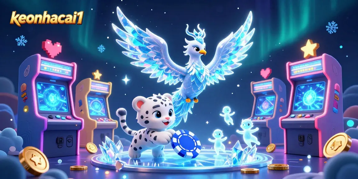 Engage with keonhacai1 in a vibrant 3D casino scene filled with colorful gaming elements and magical creatures.