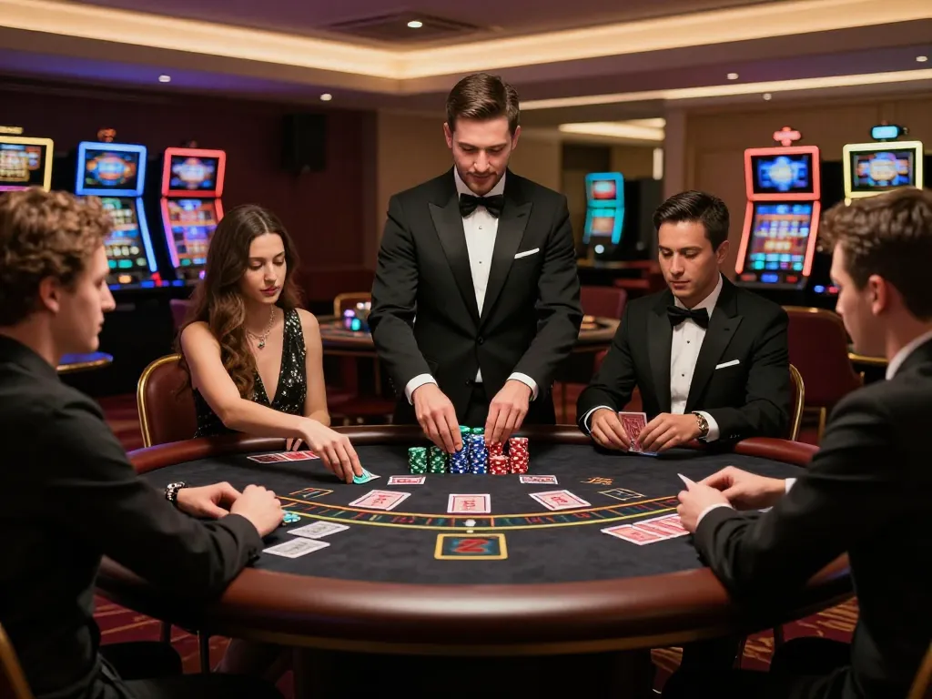 LIGA2000 tables featuring strategic gameplay with players and dealers in a luxurious casino atmosphere