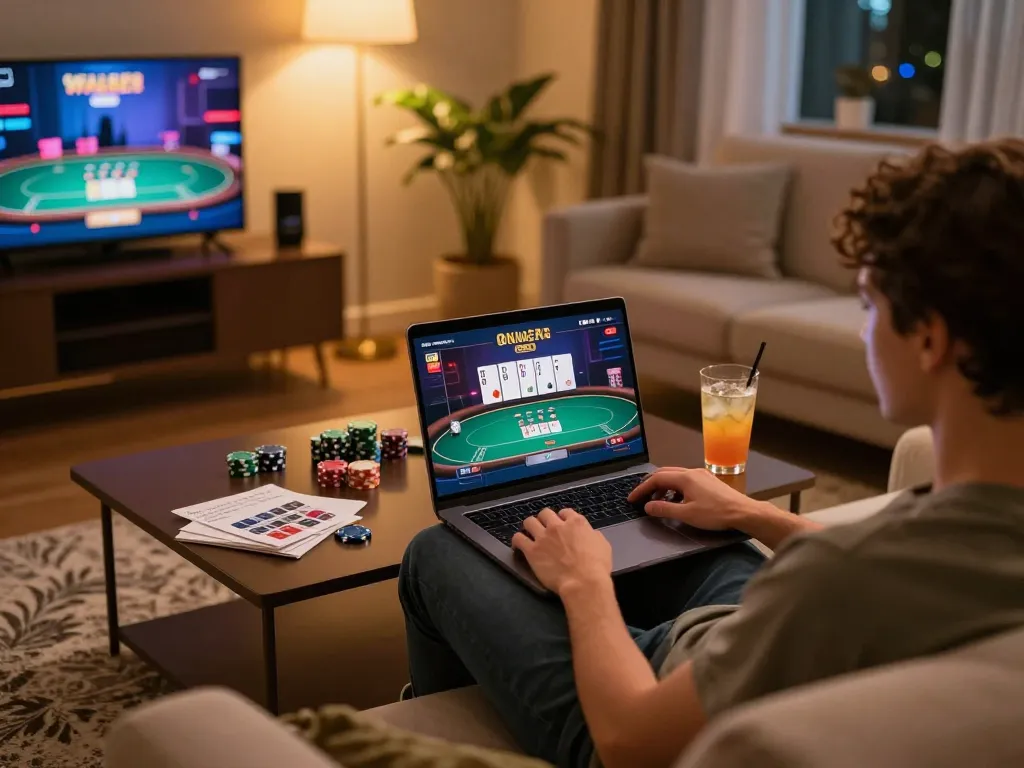 Engaging online gaming experience with ดูหนังออนไลน์ on screen, vibrant home setting with laptop and strategic notes.