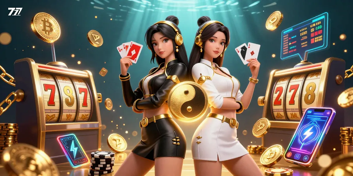 Engage with exciting 777 casino action as twin warriors showcase powerful card skills amid vibrant gambling elements.