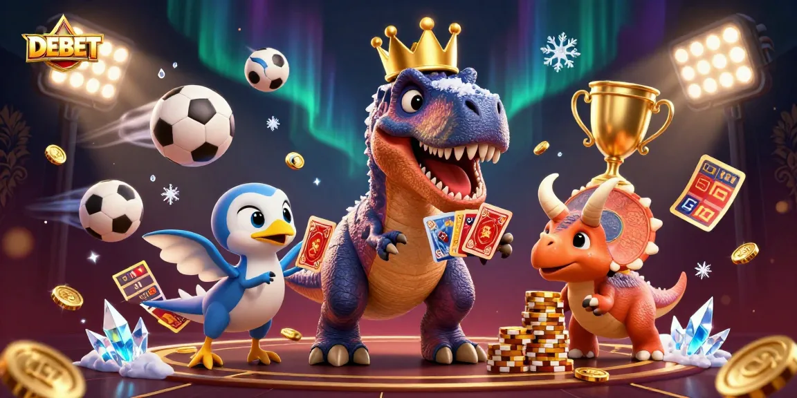 Engaging 3D illustration of DEBET card game scene with vibrant characters and sports elements.