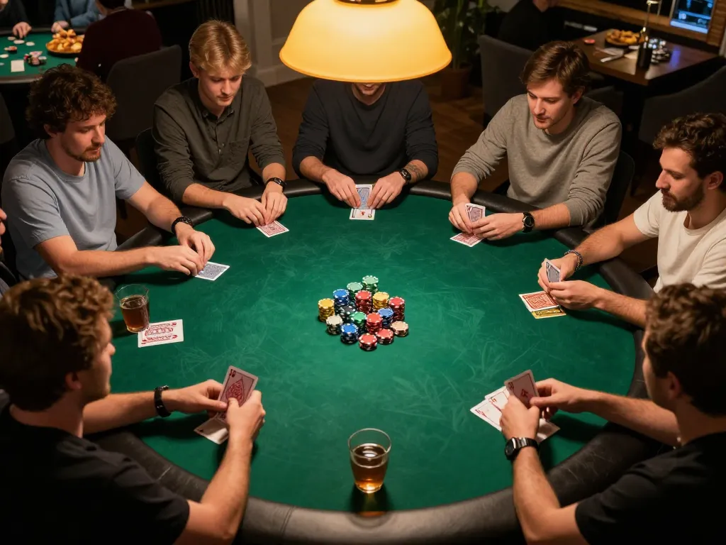 Players enjoying a home poker night at NK88 with colorful chips and cards visible