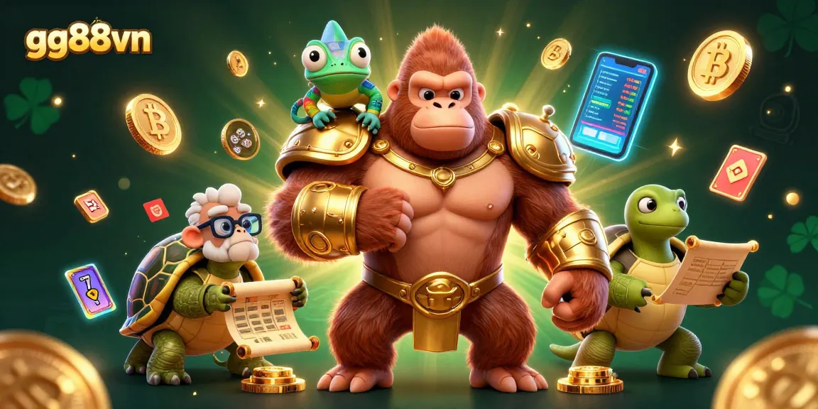 Engage with exciting gameplay at gg88vn, featuring the powerful gorilla king in golden armor surrounded by dynamic gaming elements.