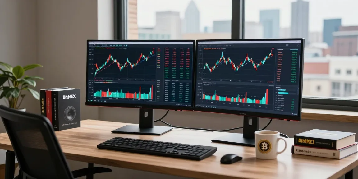 Уютная рабочая зона с трейдером, работающим с BitMEX и анализирующим отзывы о платформе.