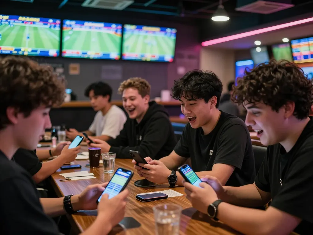 Players actively engaging in live betting at AU88's vibrant sports bar, immersed in the excitement of the moment