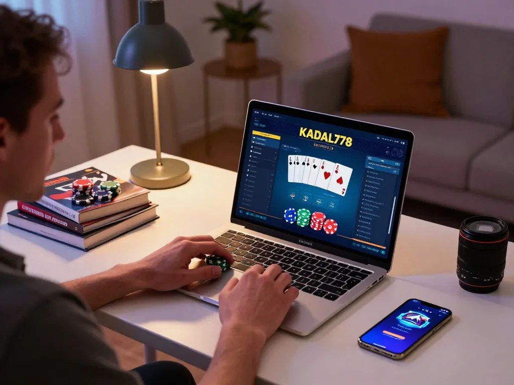 KADAL778 poker game interface on a laptop showcasing strategic gameplay with colorful chips.