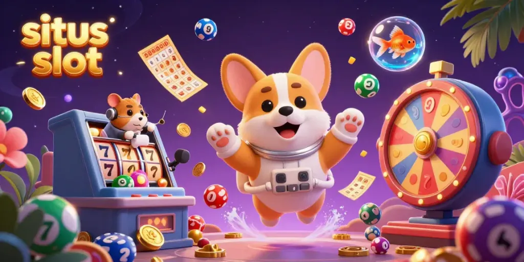 Engage with situs slot's thrilling casino scene, featuring a floating corgi, slot reels, and dynamic game elements.