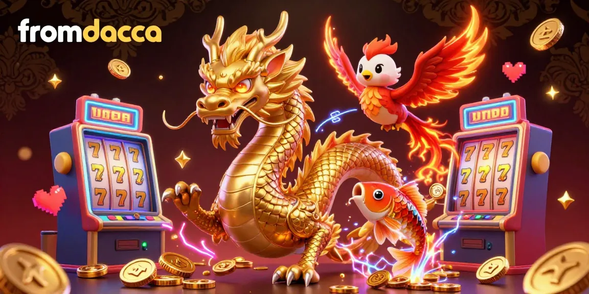 Experience the thrilling vibe of fromdacca with a vibrant 3D casino illustration showcasing a powerful dragon and luck symbols.
