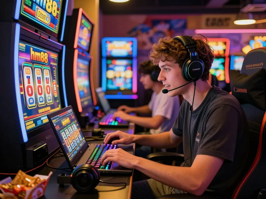 Engaging player enjoying an hm88 slot game in a dynamic online casino setting, showcasing gaming accessories and vibrant atmosphere.