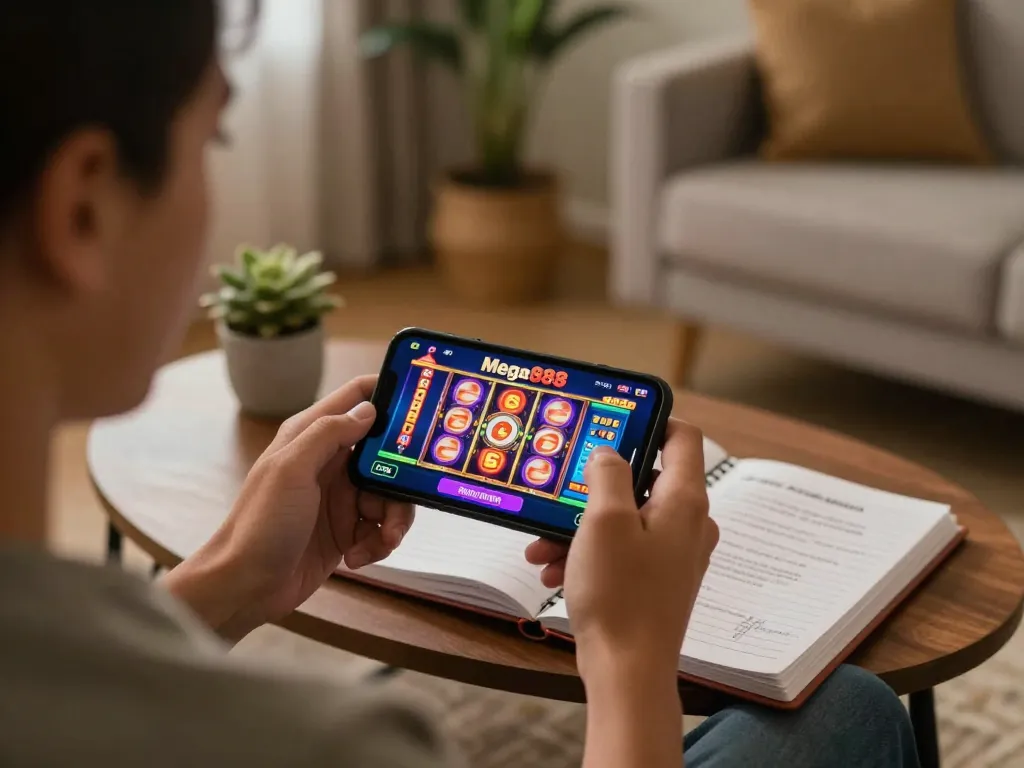 Play free credit mega888 on a smartphone in a cozy home during an exciting gaming session