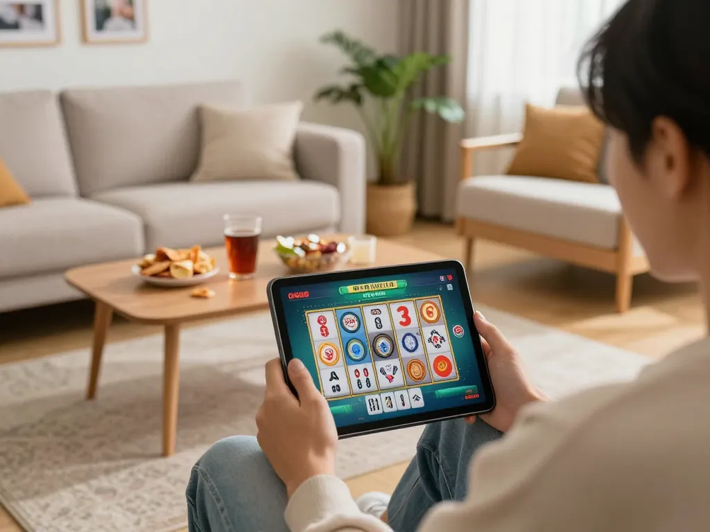 Engaging slot mahjong gameplay displayed on a tablet amidst a cozy home setting, emphasizing strategic online gambling.
