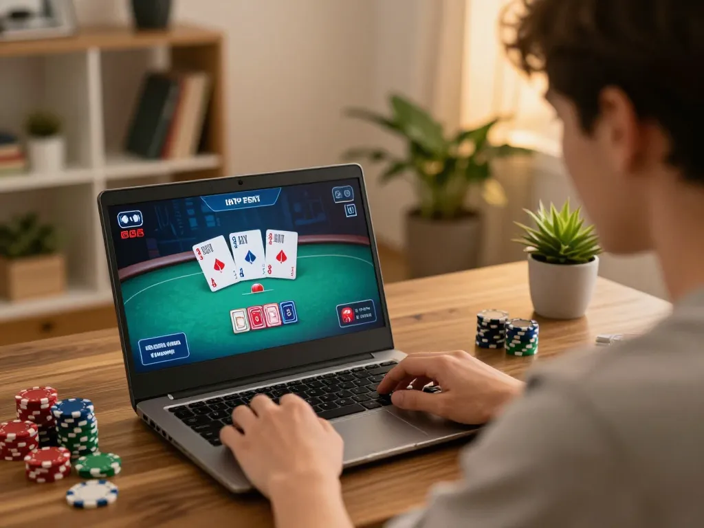 LIGALGO user focused on laptop screen while playing poker online, showcasing strategic gameplay.