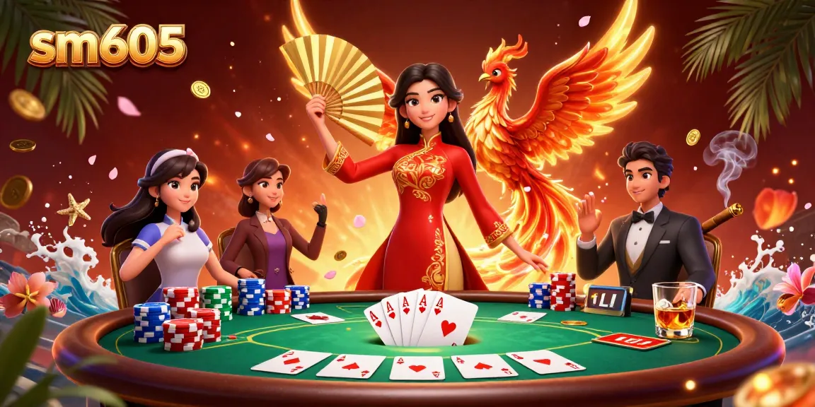 Rasakan daya tarik cerah sm605 dengan adegan kasino 3D yang menampilkan elemen poker dan karakter yang energik.