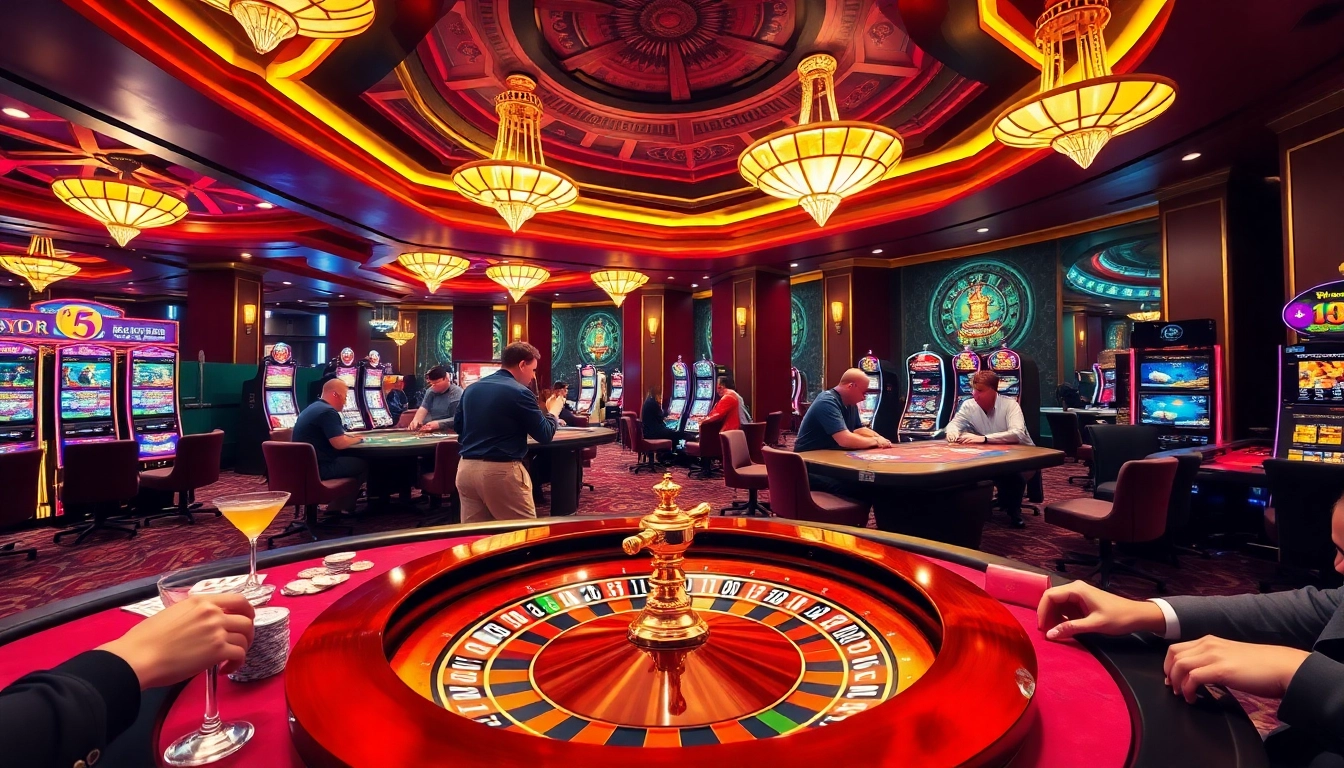 Exciting gameplay at SODO CASINO with vibrant roulette and poker tables filled with players.
