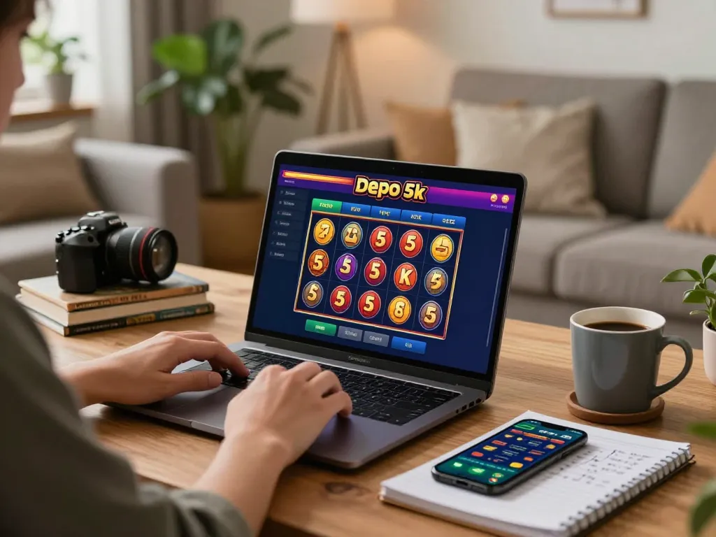 Engaging in a slot depo 5k game on a laptop while enjoying a cozy home atmosphere.