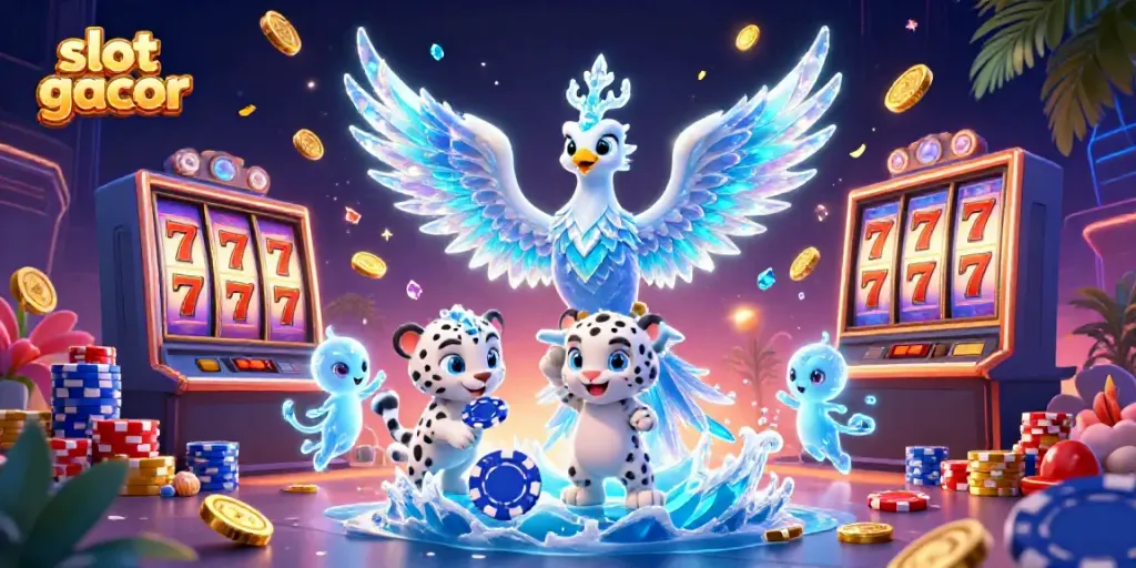Experience the thrill of slot gacor with a vibrant and dynamic casino scene featuring an ice phoenix and playful characters.
