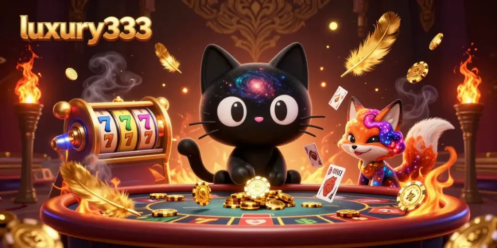 Menangkan chip emas dan kartu sambil bermain di luxury333, dengan kucing lubang hitam dan rubah nebula di casino.