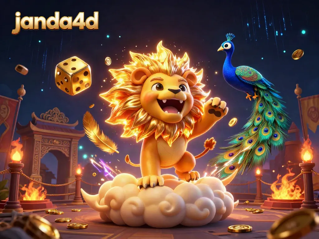 janda4d menampilkan singa matahari kartun 3D dan dadu emas di arena judi