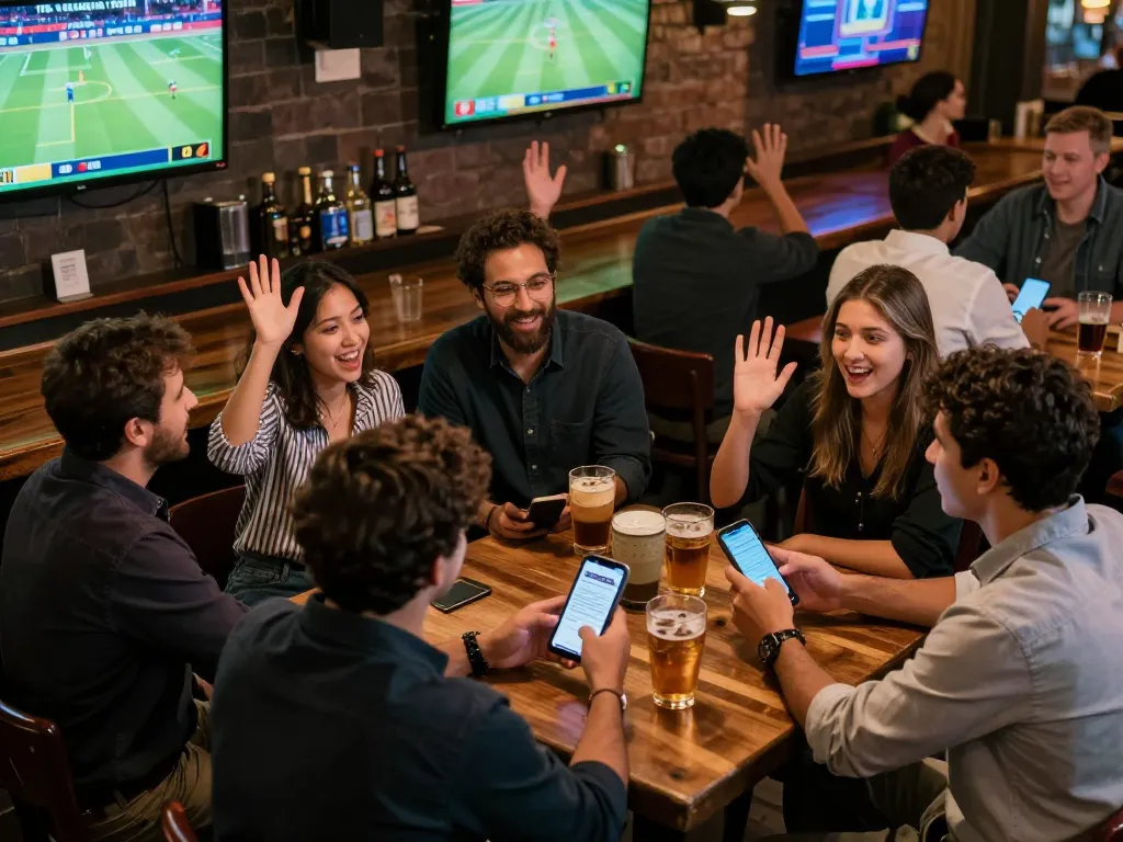 Engaged sports fans eagerly placing bets on kèo nhà cái during an exciting match at a lively bar.