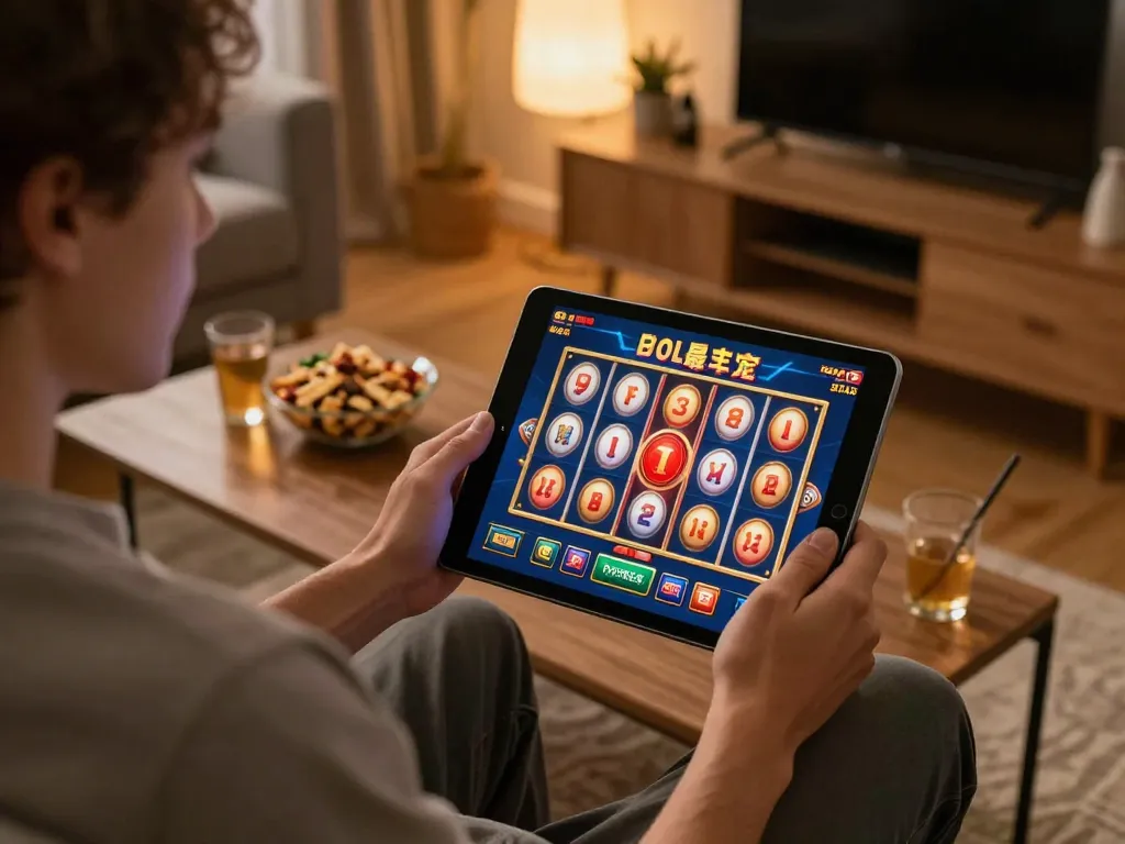 Pemain menikmati permainan slot starplay88 di tablet dalam lingkungan rumah yang nyaman, menampilkan pengalaman bermain yang mendalam.