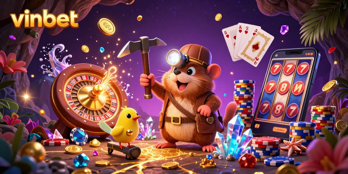 Experience the excitement of vinbet casino with vibrant games and glowing treasures in a 3D illustration.