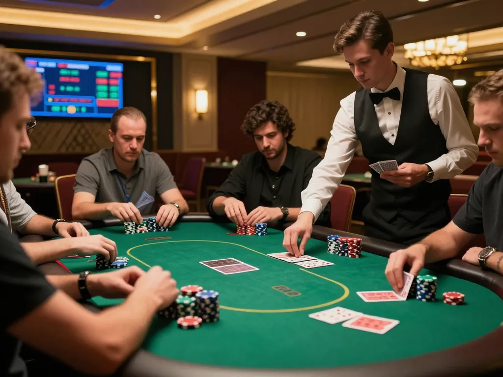 Players strategizing their next move at 88xx poker table amidst vibrant casino ambiance.