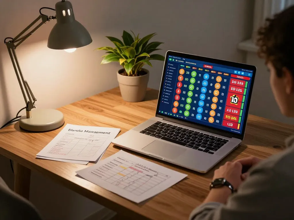Lô đề online gameplay on a stylish home office desk, warm atmosphere with strategy notes visible.