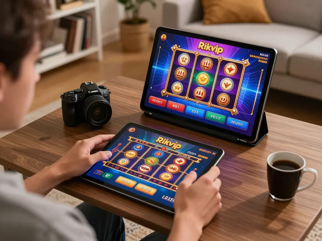Engaging player enjoying Rikvip casino games on a tablet, showcasing vibrant gameplay in a cozy atmosphere.