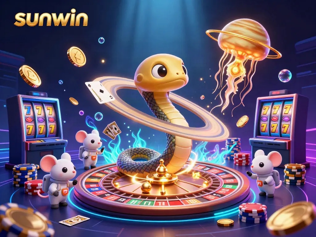 Experience the thrill of sunwin with astronaut mice betting on Saturn's roulette rings as dazzling coins fly around.