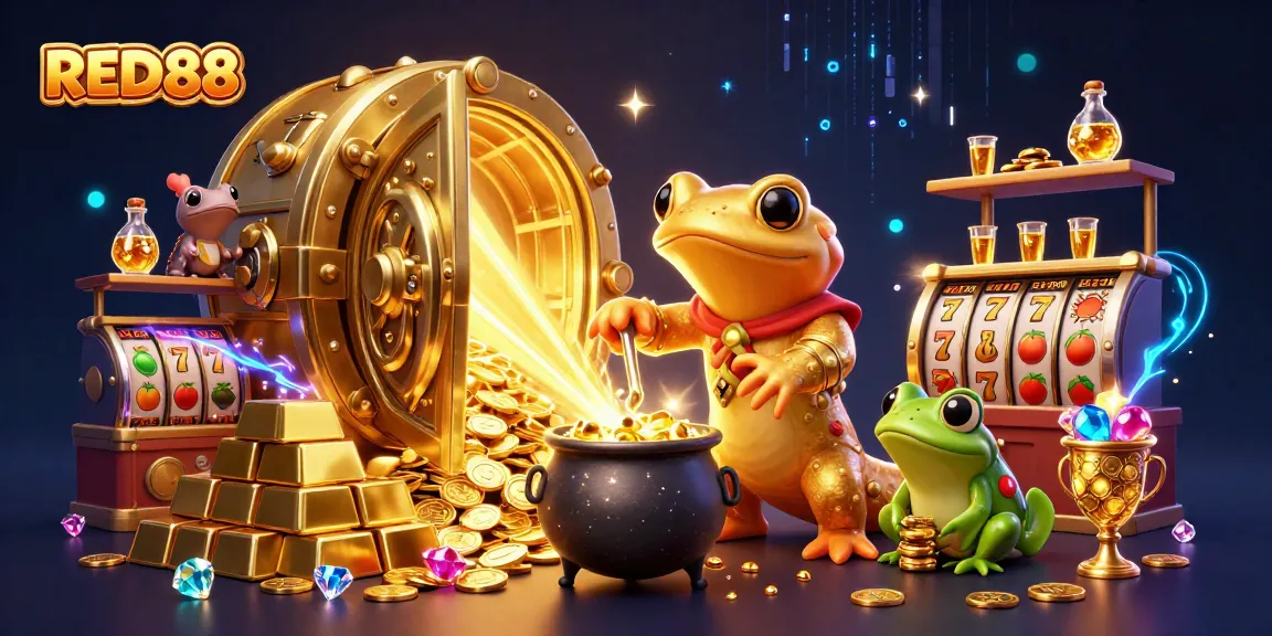 Experience the excitement of winning at RED88 with vibrant casino-themed elements in a magical laboratory.