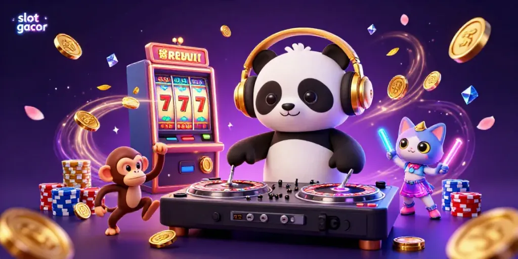 Experience the thrill of slot gacor with festive characters and vibrant casino elements in this captivating 3D scene.