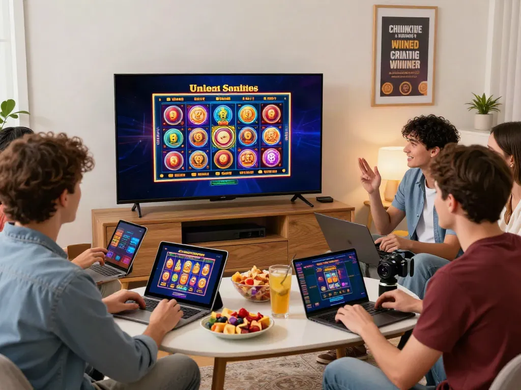 Friends enjoying an akunjp online gambling experience in a lively home setting.