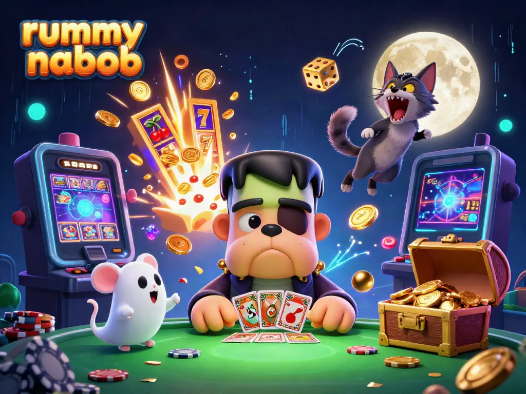 Rummy nabob yang menghibur dengan karakter monster dan elemen permainan kasino yang menarik.
