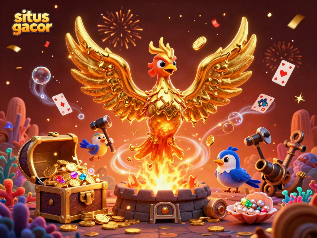 Engage with situs gacor through vibrant gaming elements and a golden phoenix illustration.