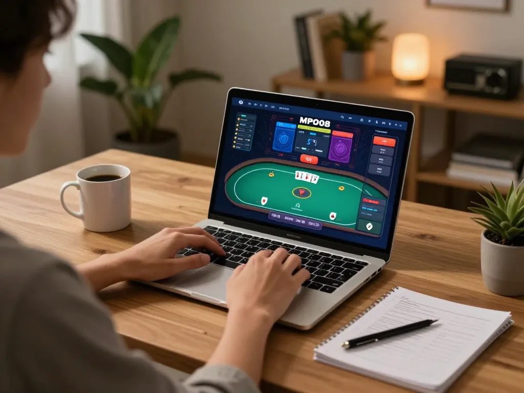 MPO08 player engaged in online poker strategy from a cozy home office environment.