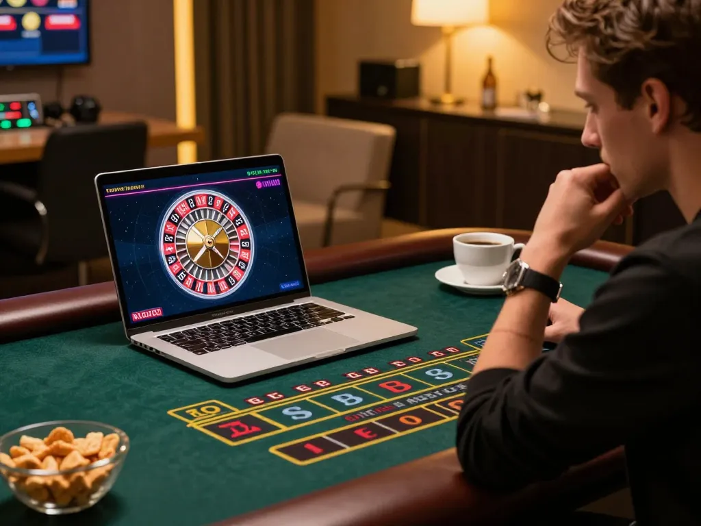 Player engaging with LGOGOAL live roulette on a sleek laptop, showcasing strategic betting.